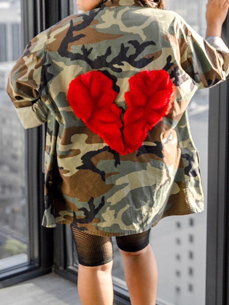 

Camo Long Sleeve Heart Embellished Coat