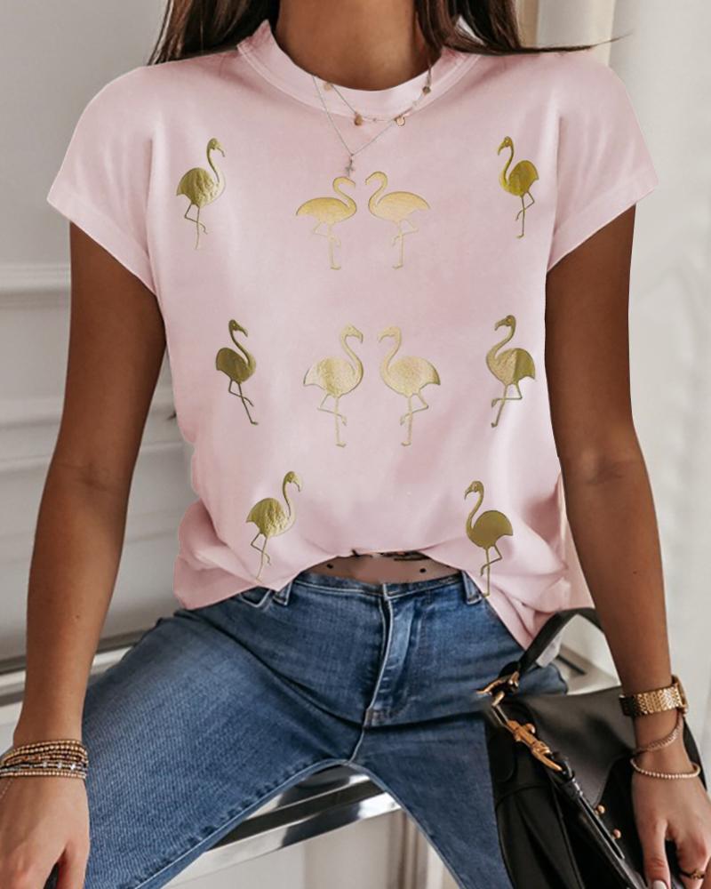 

Sequin Flamingo Pattern Short Sleeve T-Shirt, Pink