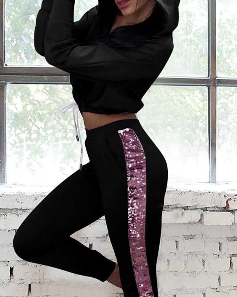 

Stripe Sequins Insert Hooded Top & Pant Sets, Black