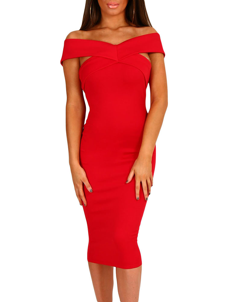 

Splicing Low Cut Midi Bardot Dress, Red;gray;wine red;black