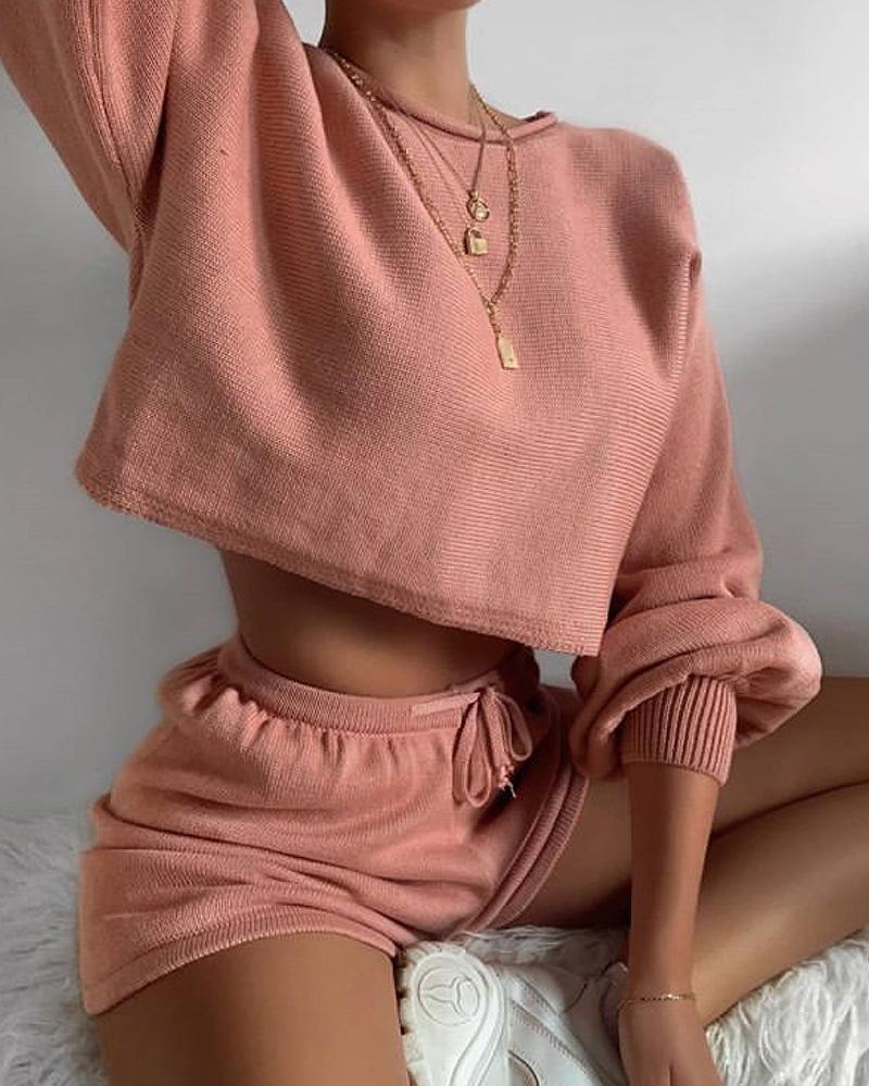 

Knit Lantern Sleeve Solid Loose Crop Top, Pink
