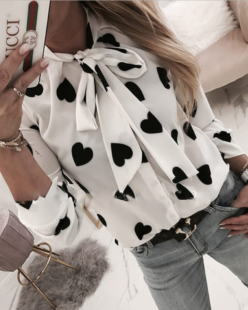 

Heart Print Tied Neck Casual Blouse, White