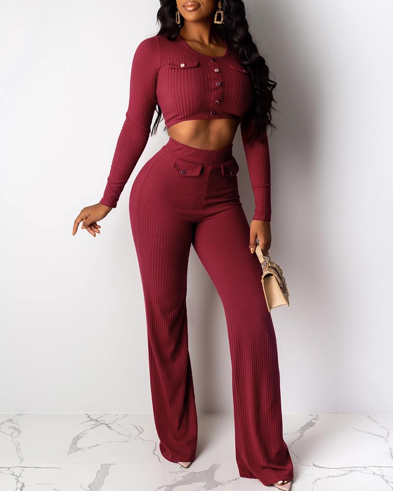 

Solid Ribbed Buttoned Pocket Crop Top & Wide Pants Sets, Wine red