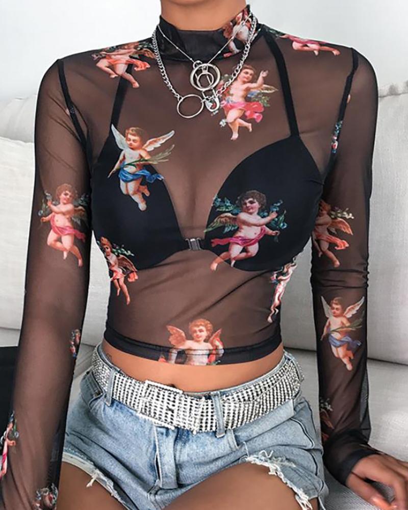 

Sheer Mesh Angel Print Mock Neck Top, Black
