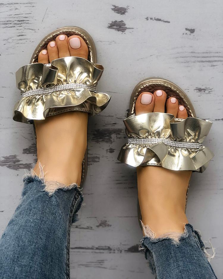 

Shiny Embellished Ruffles Peep Toe Sandals, Gold