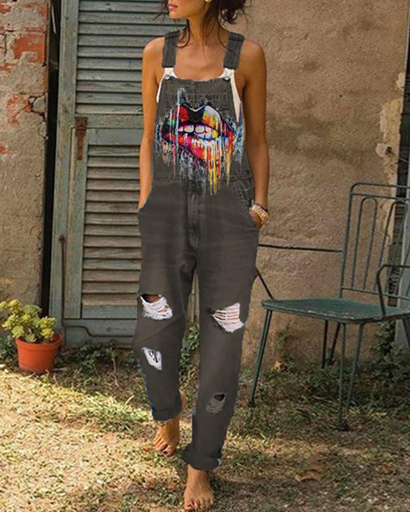 

Thin Strap Lip Print Ripped Suspender Jeans, Black