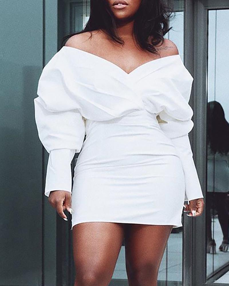 

Solid Off Shoulder Lantern Sleeve Dress, White