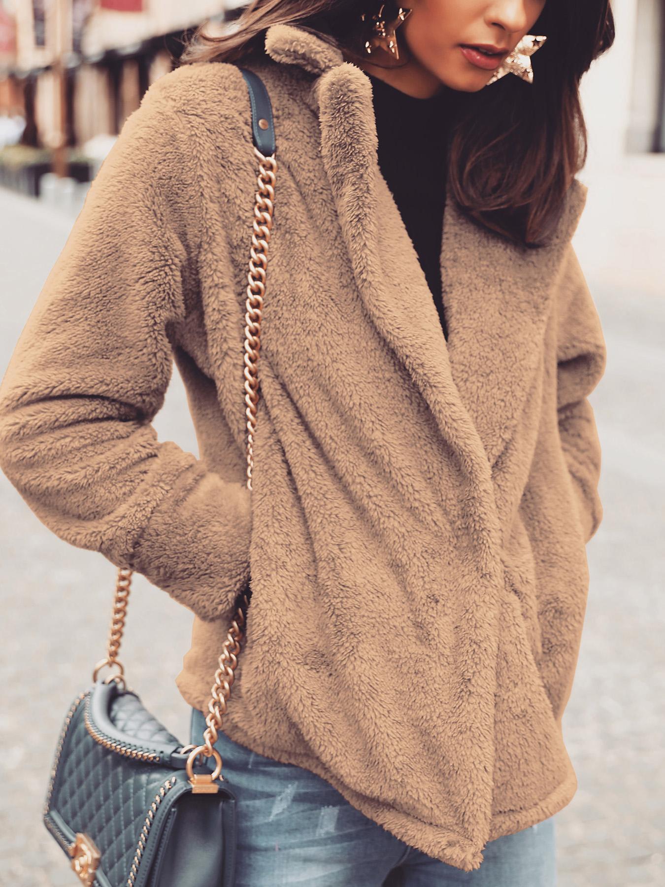 

Solid Fluffy Pocket Design Long Sleeve Coat