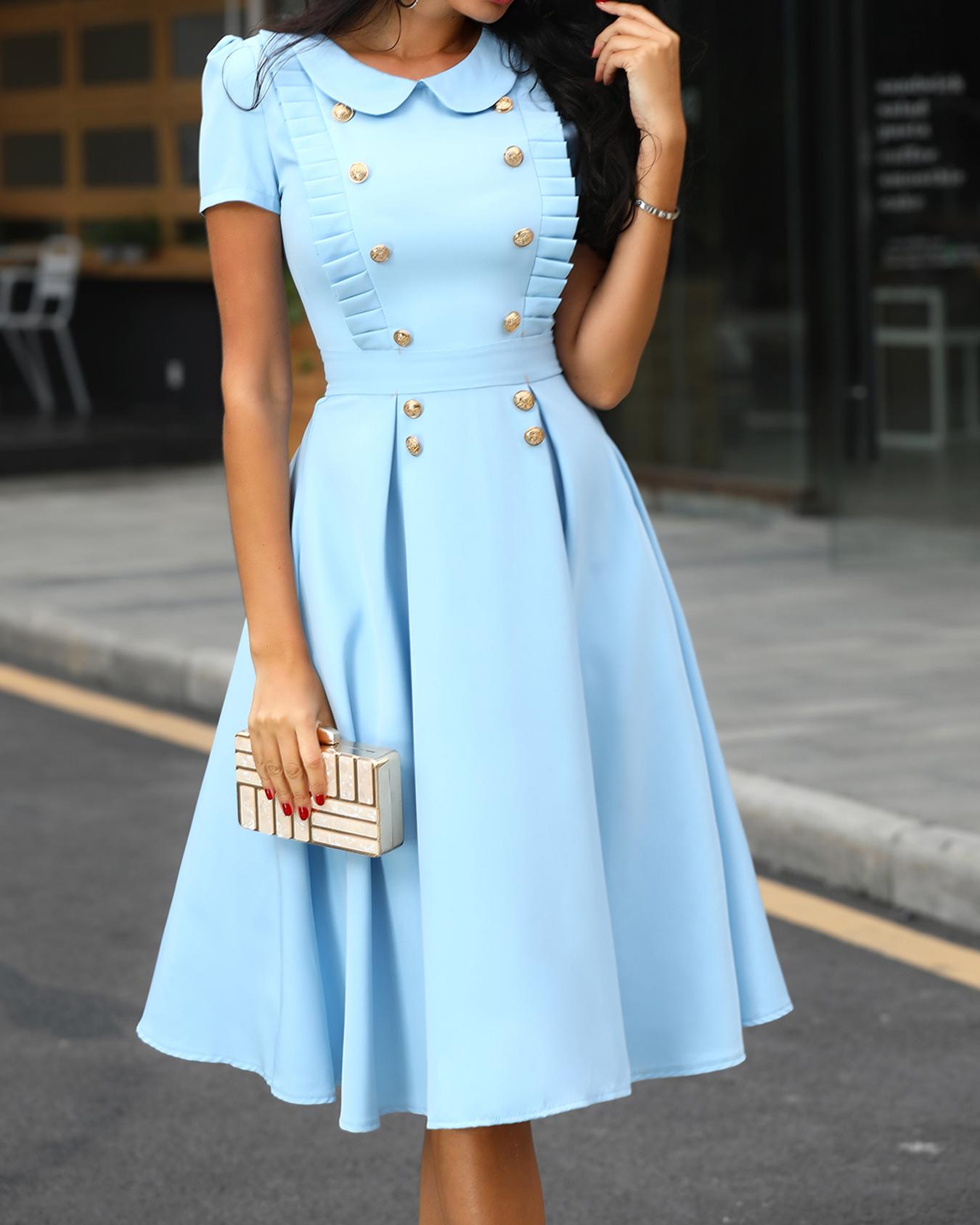 

Buttoned Short Sleeve Ruched Pleated Dress