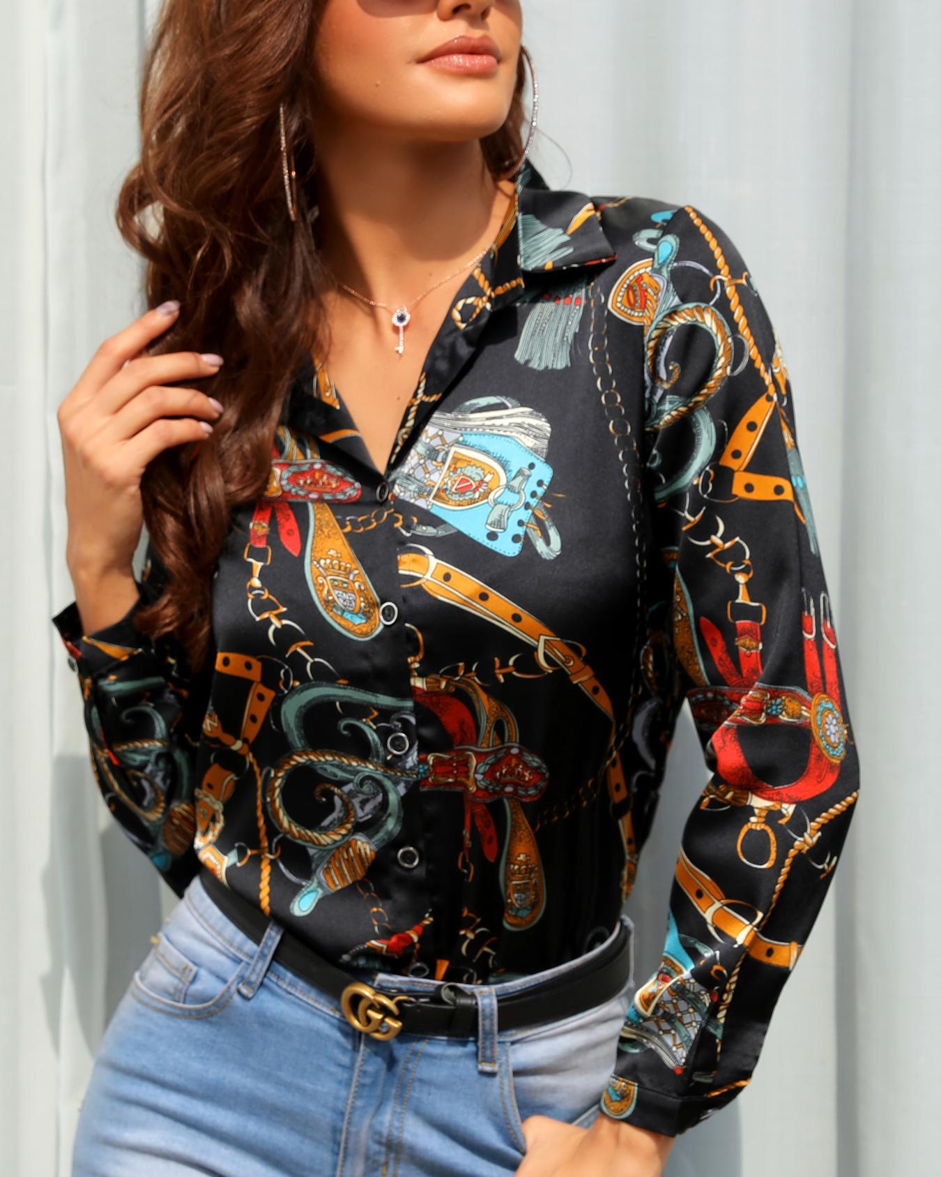 

Mixed Print Long Sleeve Casual Shirt, Black