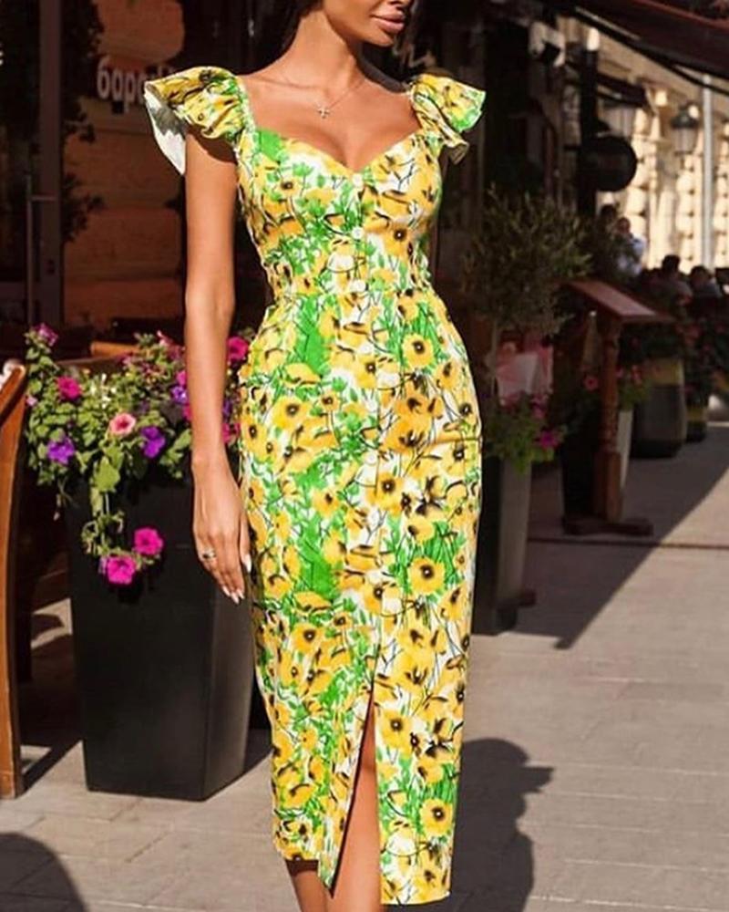 

Floral Print Slit Ruffles Design Dress, Green