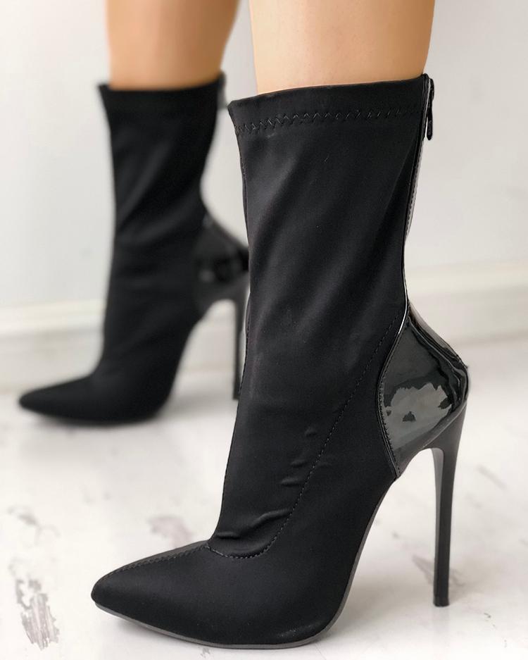

Contrast Color Pointed Toe Thin Heeled Boots, Black
