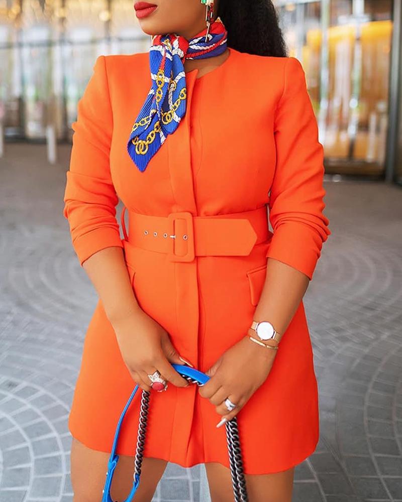 

Solid Round Neck Belted Blazer Dress, Orange