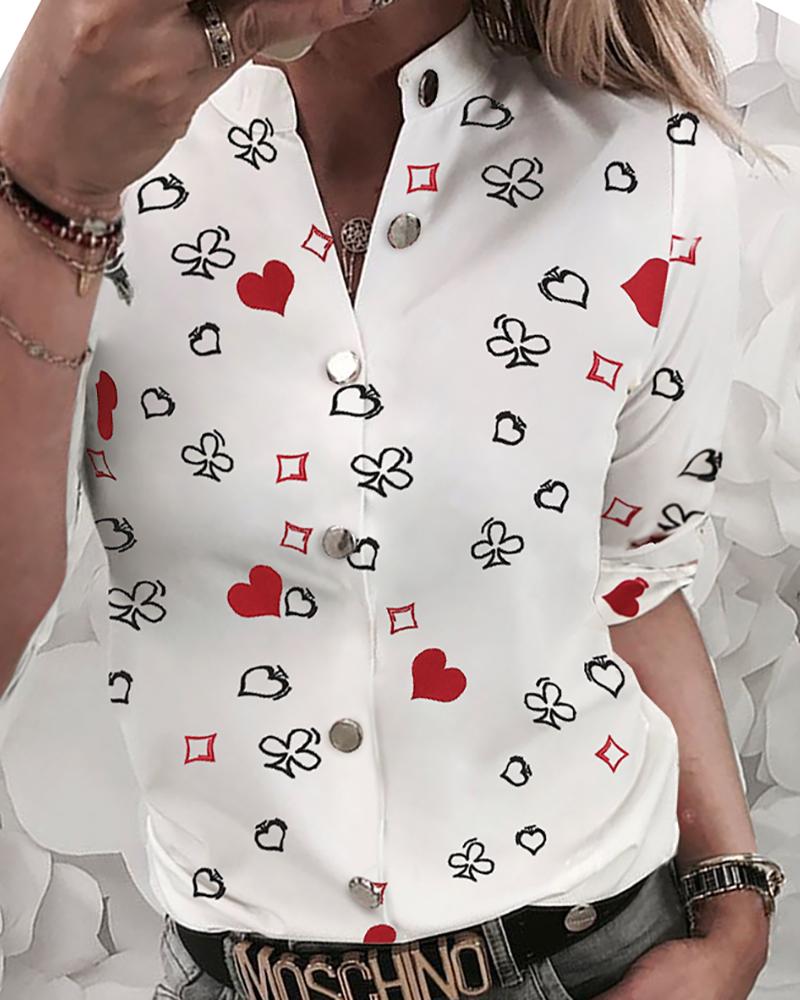 

Heart Print Buttoned Design Casual Shirt, White