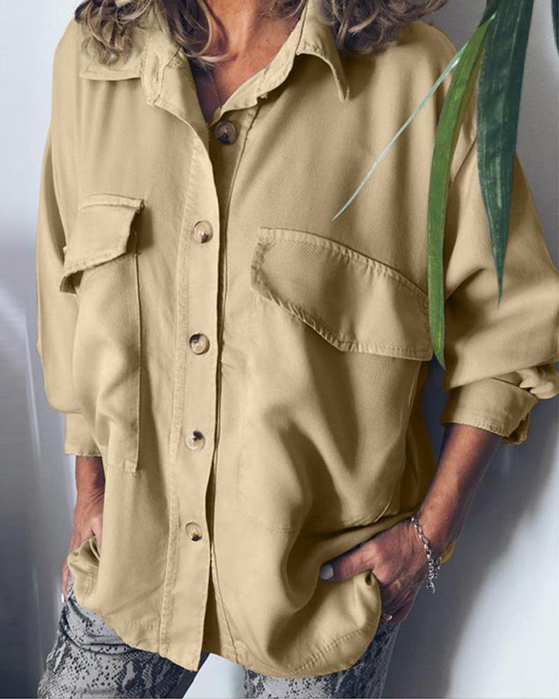 

Long Sleeve Solid Button Front Blouse, Khaki