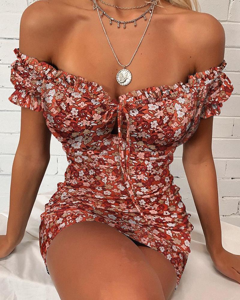 

Off Shoulder Floral Print Mini Dress, Red