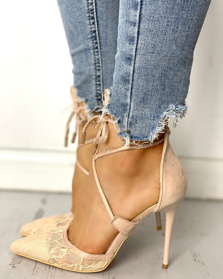 

Lace Hollow Out Lace-Up Thin Heeled Sandals, Pink