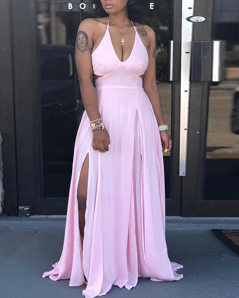 

Halter Open Back Slit Maxi Dress, Pink