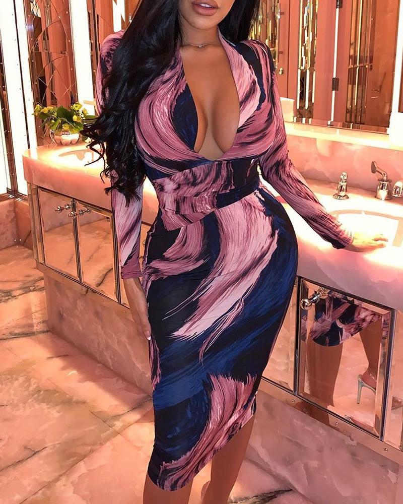 

Colorblock Plunge Long Sleeve Bodycon Dress