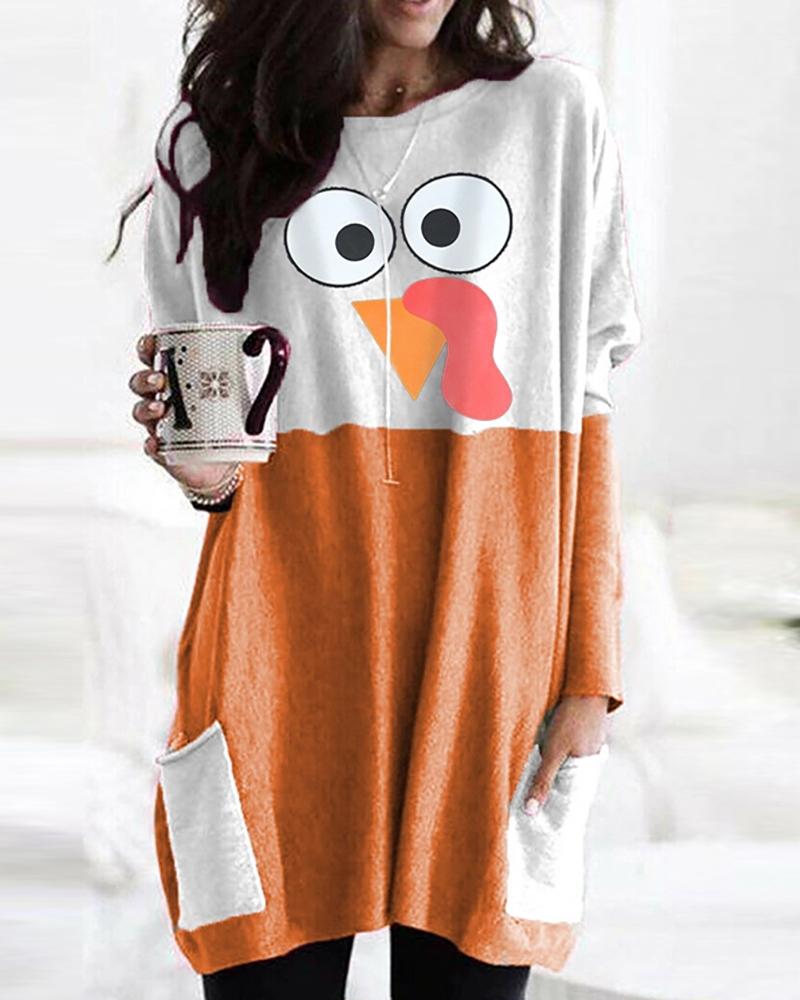 

Thanksgiving Turkey Print Pocket Design Casual Sweatshirt, Orange