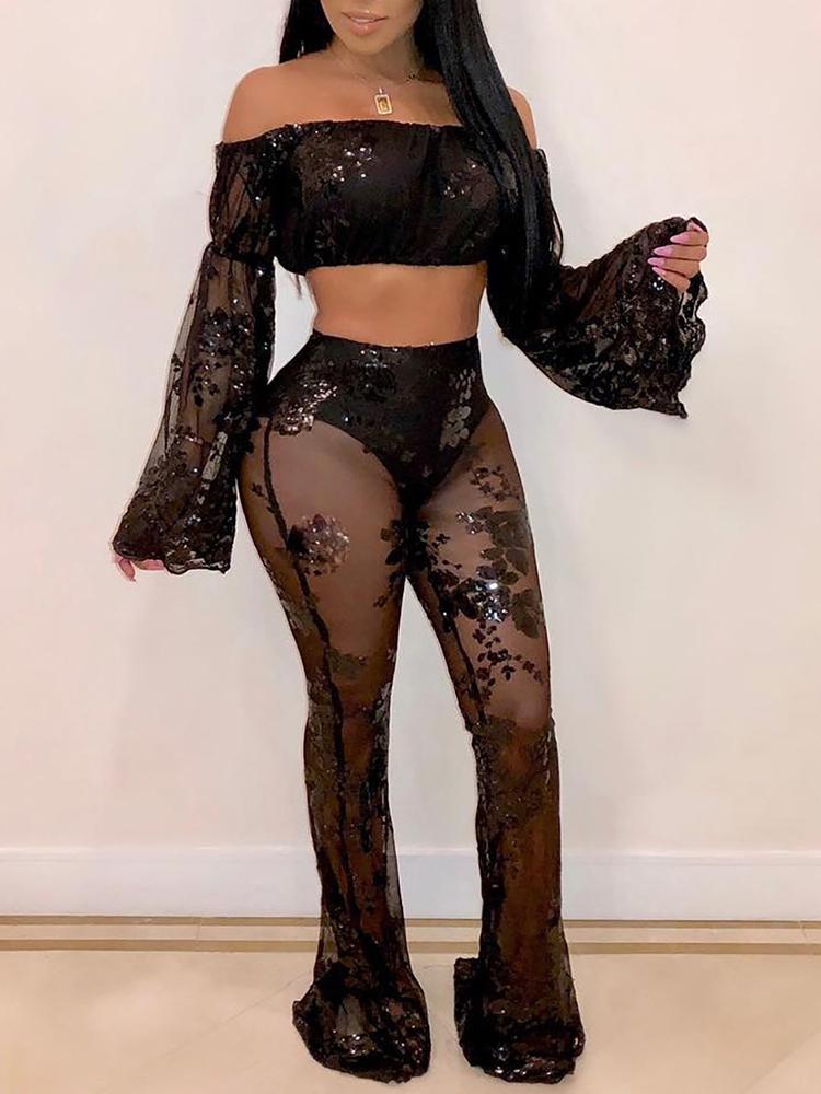 

Off Shoulder Sequin Mesh Crop Top & Pant Sets