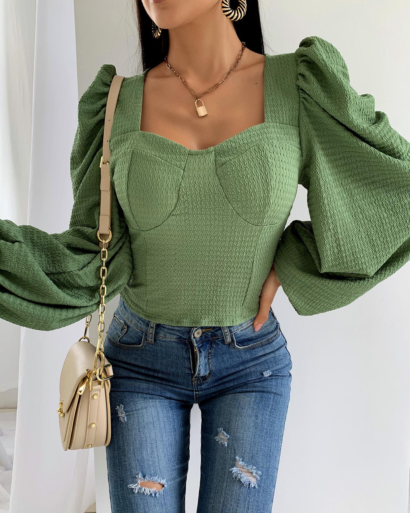 

Wave Pattern Puffed Sleeve Bustier Top, Green