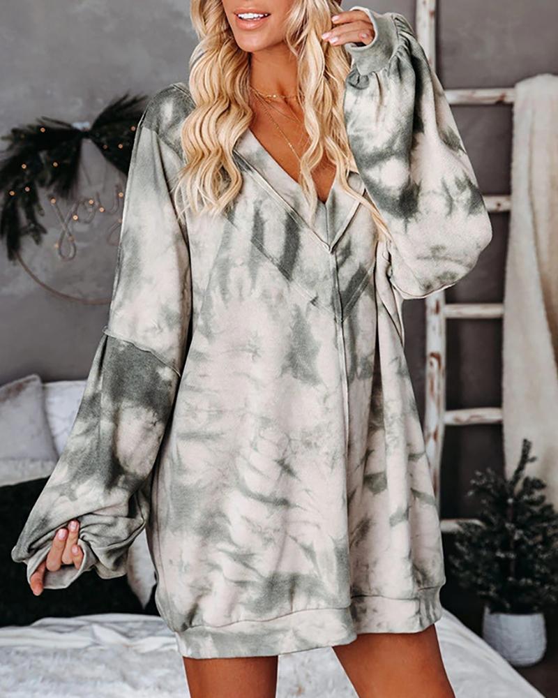 

Tie Dye Print Lantern Sleeve Sweatshirt Dress, Gray