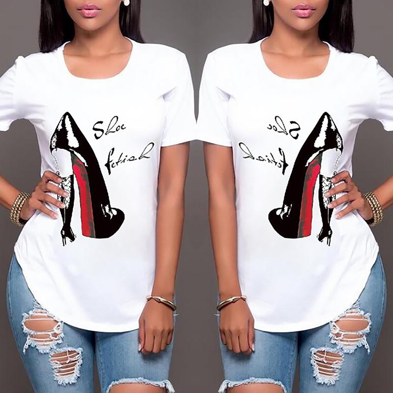 

High-heeled Shoes Printed Casual T-shirt, White