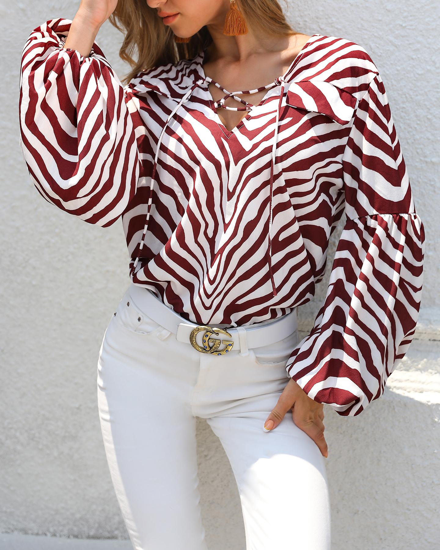 

Zebra Print Balloon Sleeve Casual Blouse, Brown