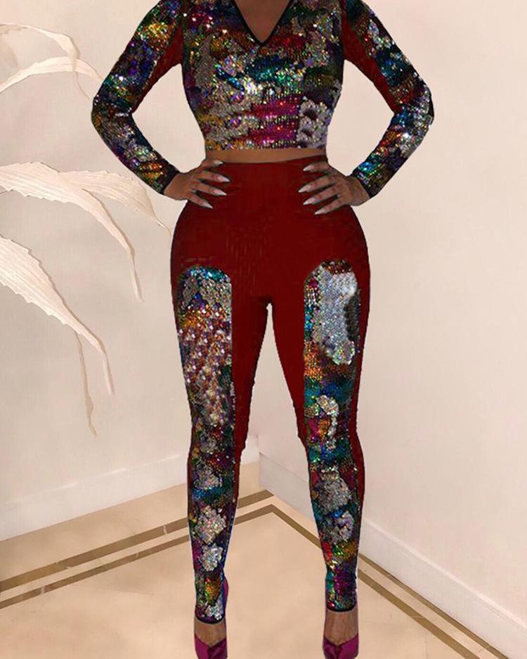 

Colorful Sequin Long Sleeve Top & Pants Set, Red