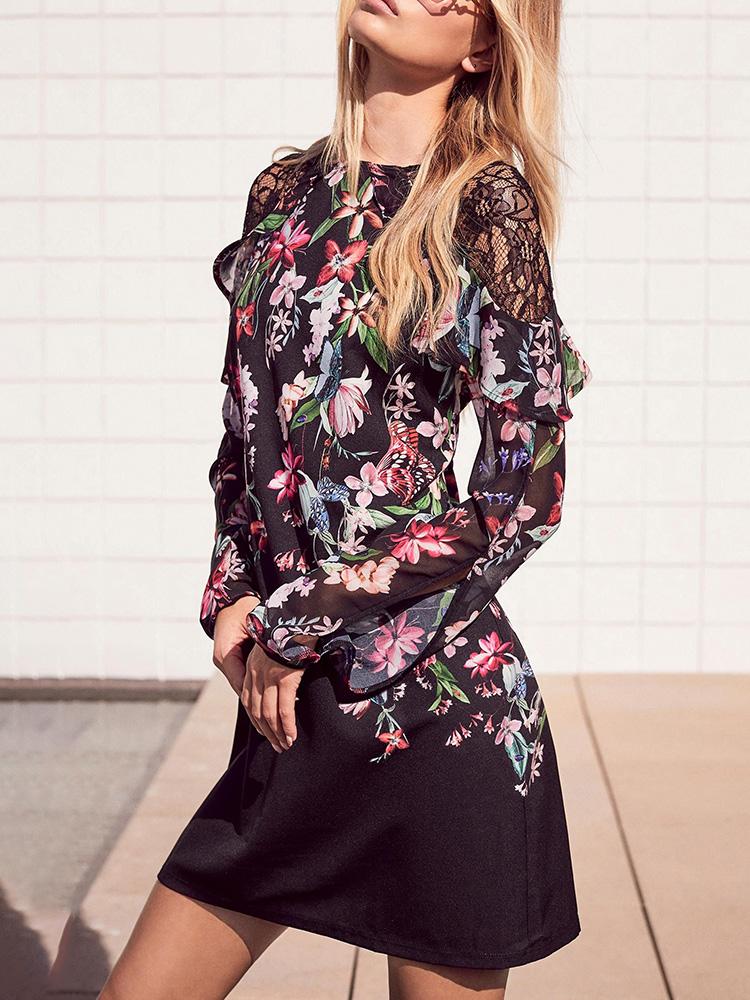 

Lace Splicng Floral Print Flounced Dress, Black