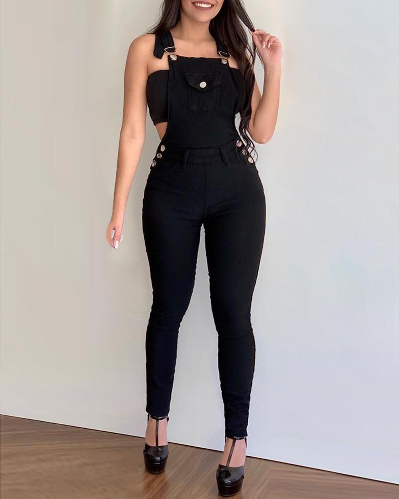 

Solid Buttoned Pocket Detail Suspenders Jumpsuit