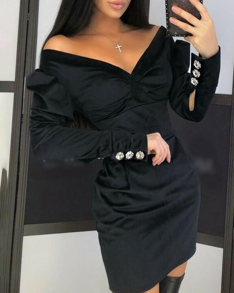 

Off Shoulder Popper Cuff Bodycon Dress, Black