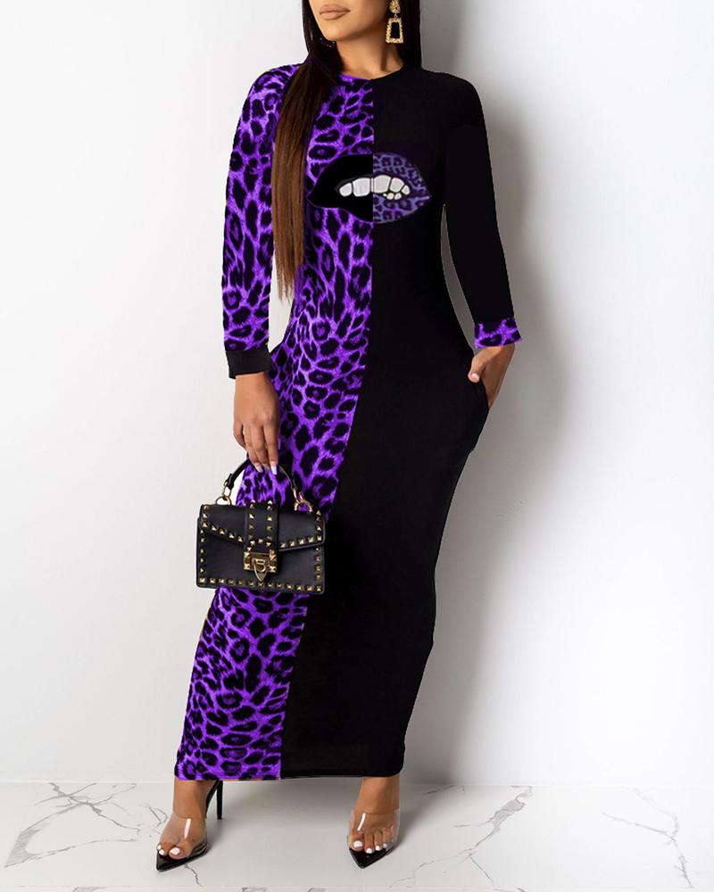 

Lips Print Leopard Colorblock Casual Dress, Purple