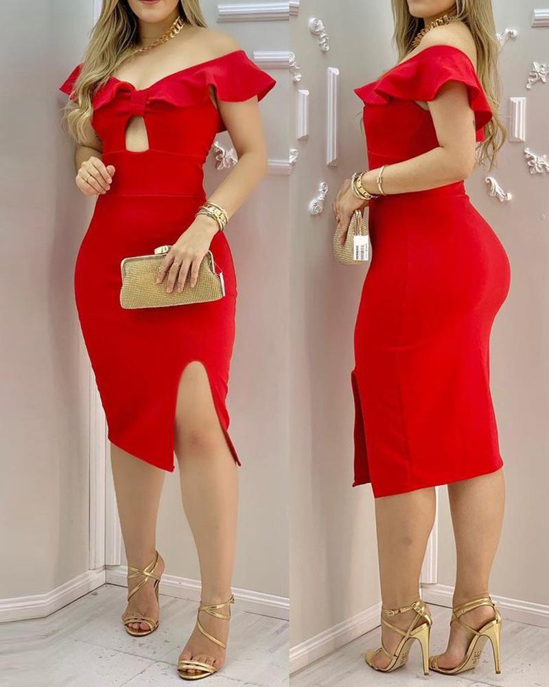 

Plain Cutout Ruffle Hem Slit Dress, Red