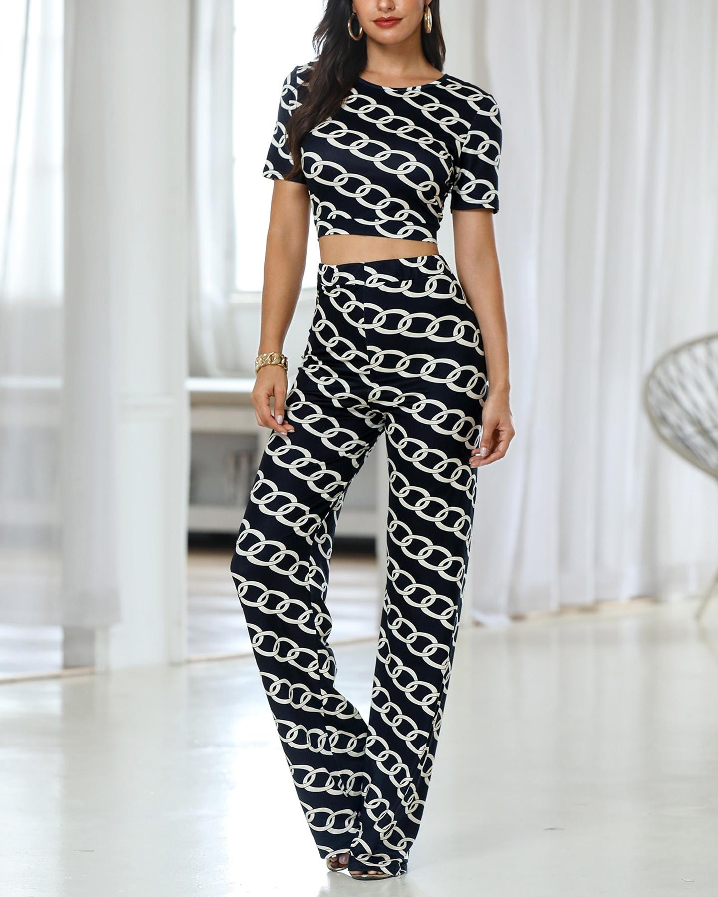 

Round Neck Print Short-sleeved Top and Pants Sets, Black