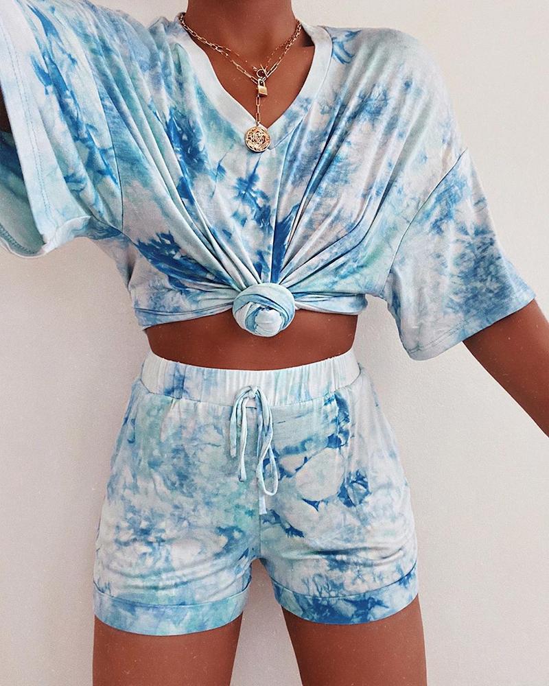 

Tie Dye Print Casual Top & Drawstring Shorts Set, Blue