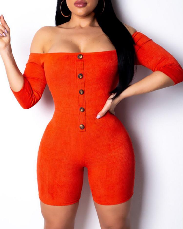 

Off Shoulder Single Breasted Slinky Romper, Orange