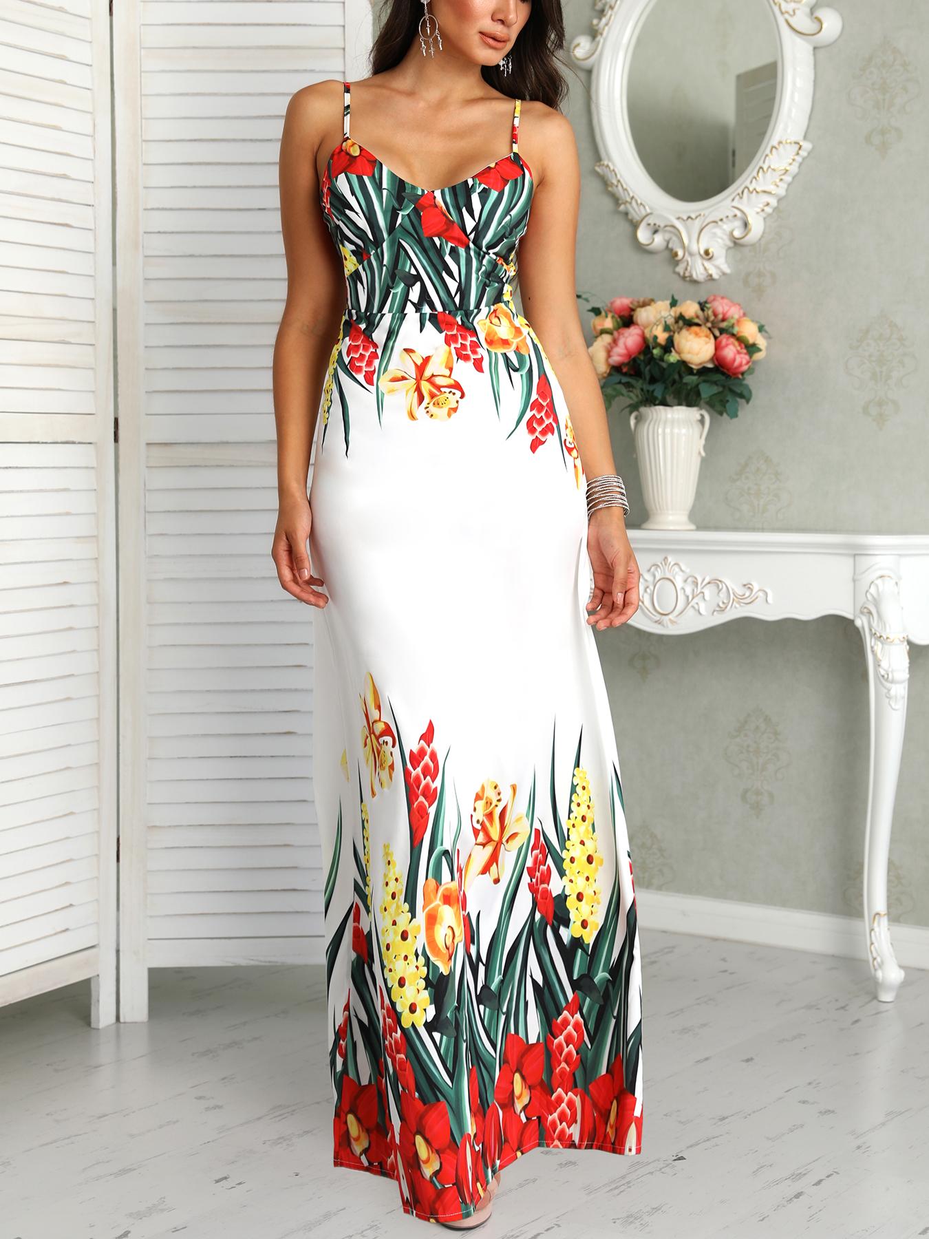 

Floral Print Deep V Slip Maxi Dress, White