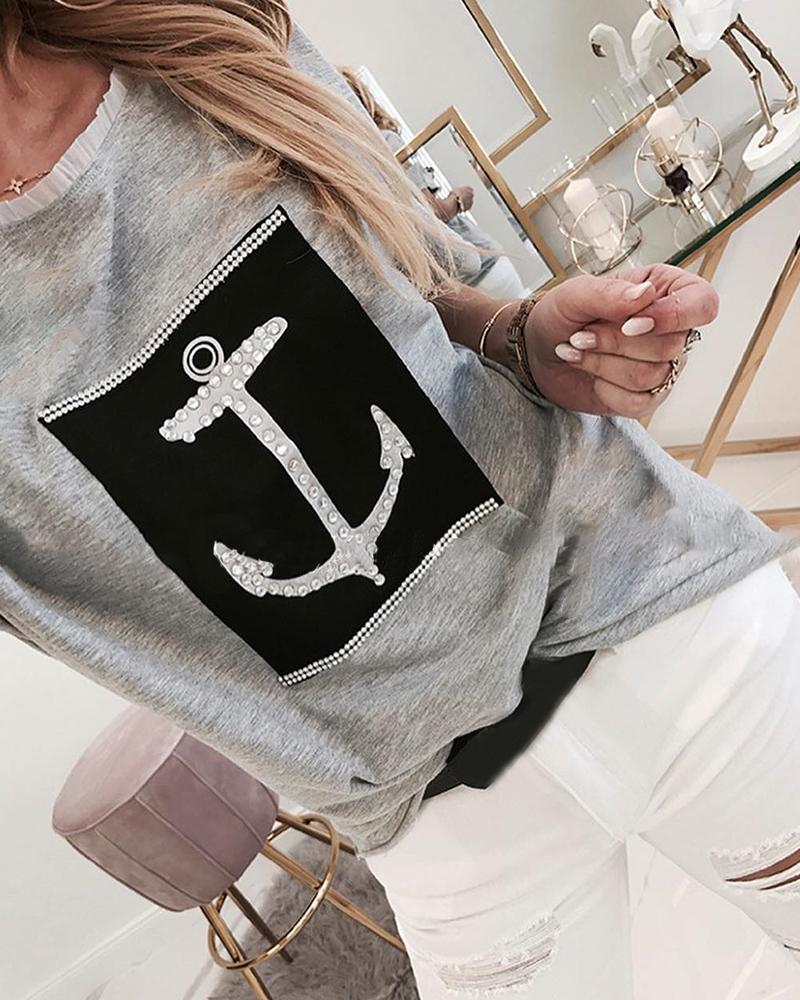 

Studded Boat Anchor Patch Blouse, Gray
