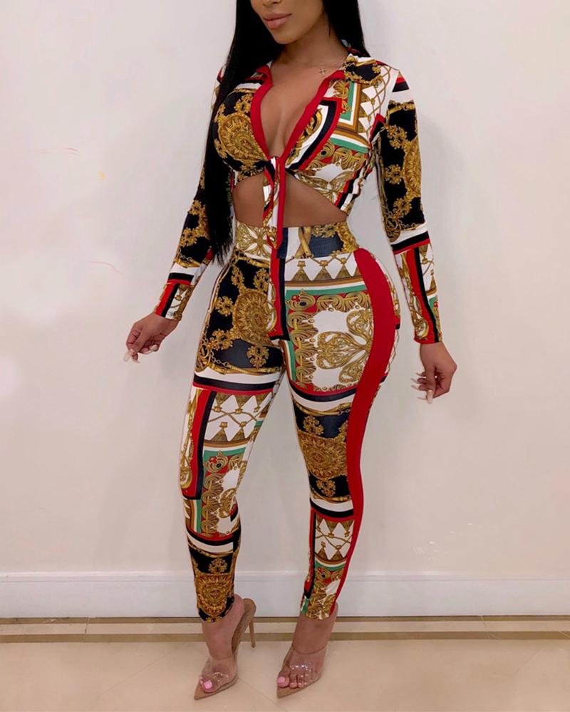 

Scarf Print Knotted Crop Top & Pant Sets, Multicolor