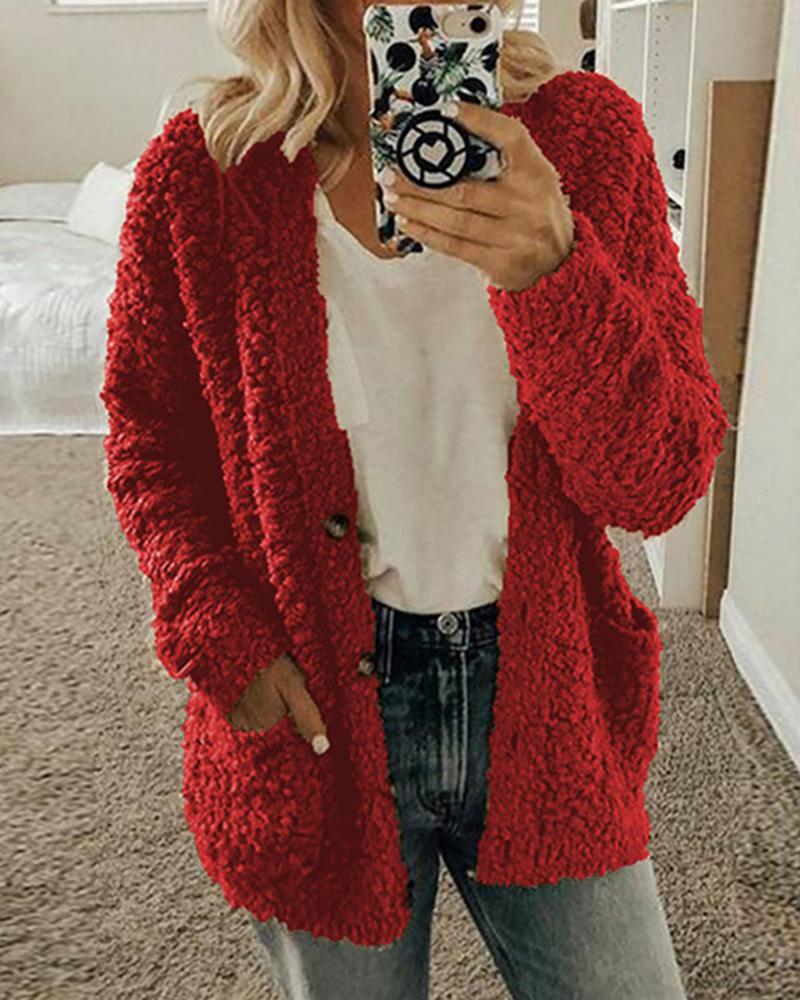 

Fluffy Solid Pocket Long Sleeve Coat, Red