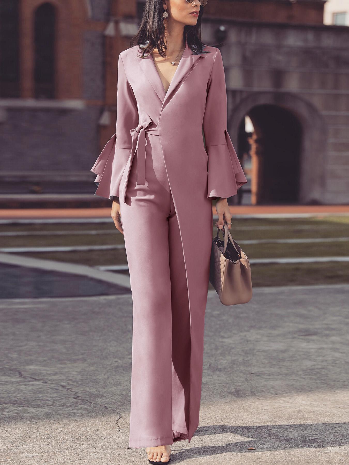 

Irregular Flared Sleeve Knot Side Wide Leg Jumpsuit, Pink