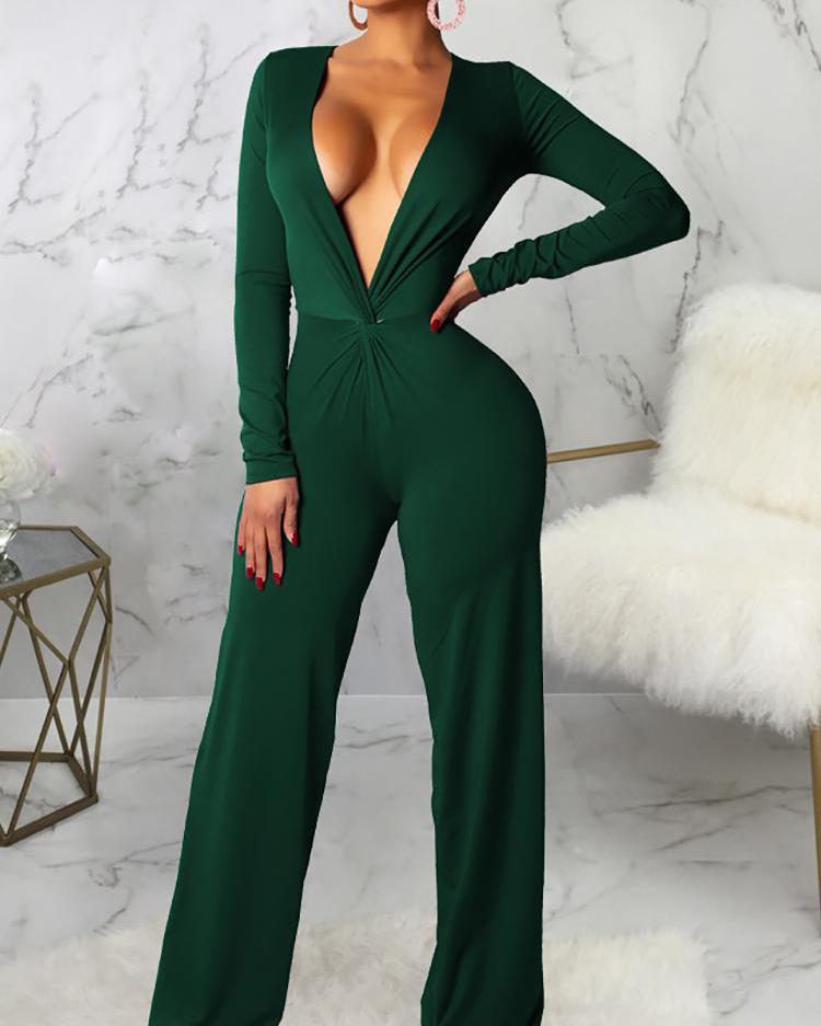 

Deep V-Neck Ruched Deign Jumpsuit, Green