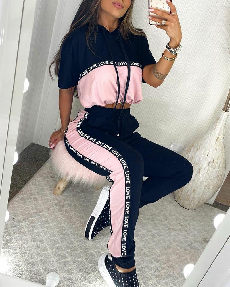 

Colorblock Short sleeve Hooded Loose Sweatshirts Suit Sets, Pink