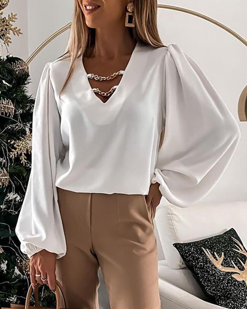 

Plain Puff Sleeve Chain Decor Top, White