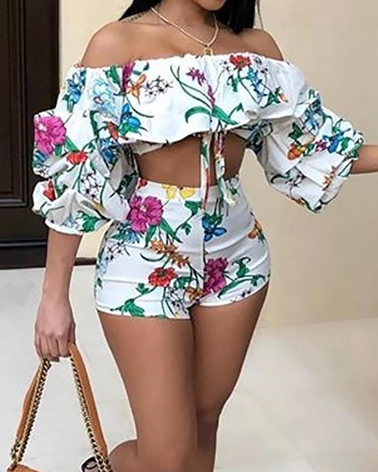

Floral Print Puff Sleeve Cropped Top&Shorts Set, Multicolor