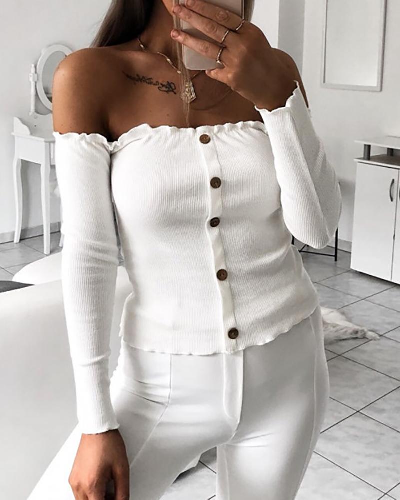 

Plain Off Shoulder Button Design Frill Hem Top, White