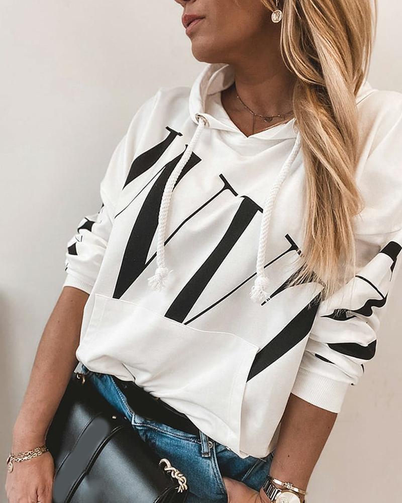 

Letter Print Pocket Design Casual Hooded Top, White