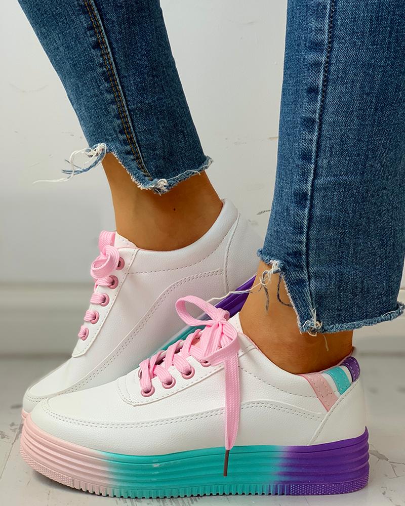 

Colorblock Striped Lace-Up PU Sneakers, Pink